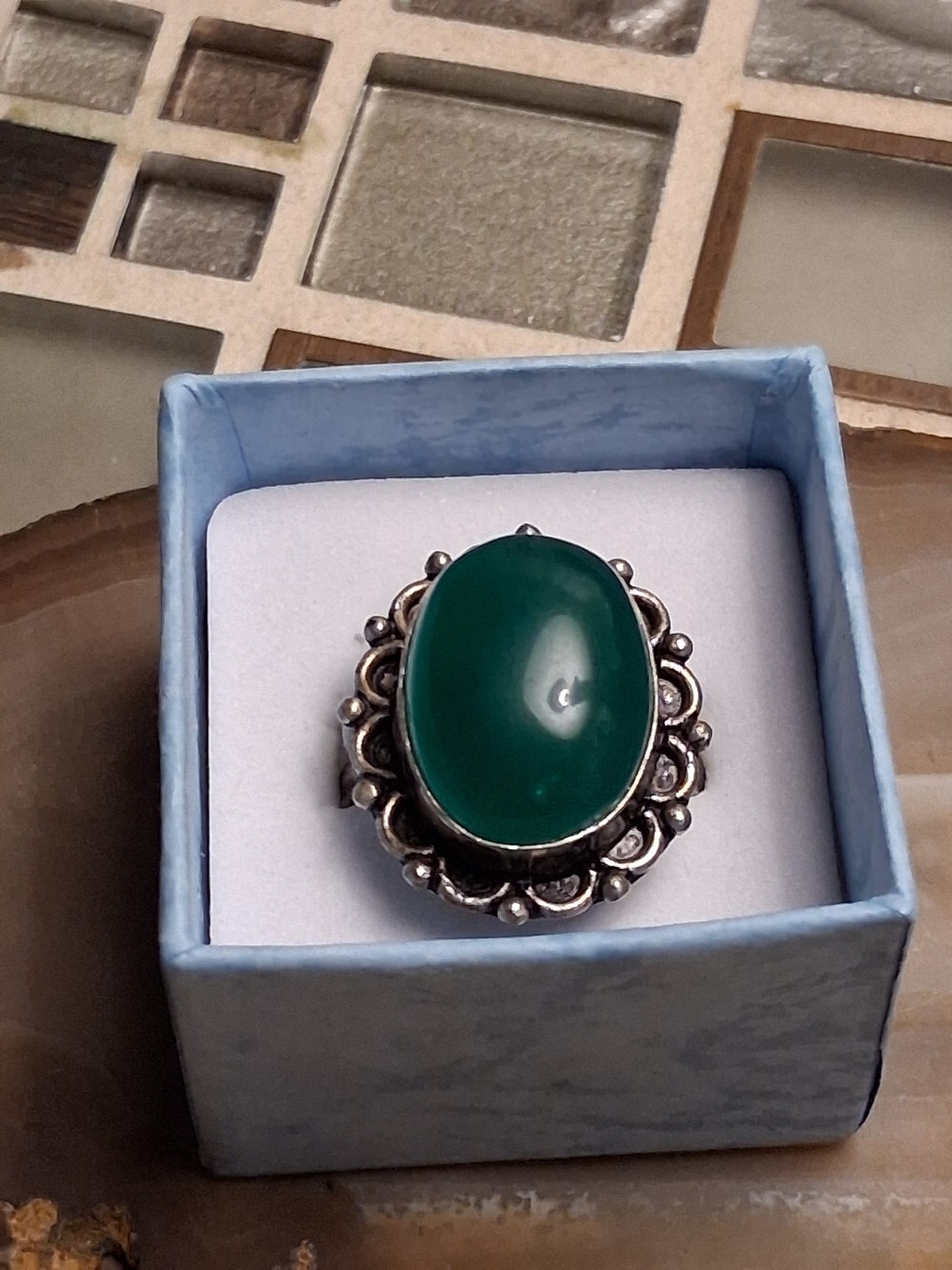 Green Oval Stone Silver-Accent Ring